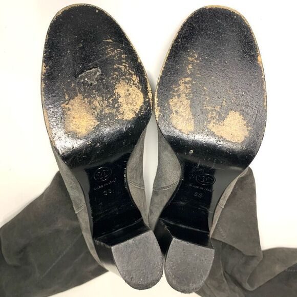 Chanel Interlocking C Grey Suede Fold Over Metallic Thigh Knee High Boots EU 38 - Picture 10 of 11